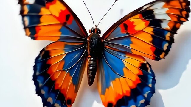 From an overhead perspective, a colorful tangled molecule shaped like butterfly wings glides softly across a clean, bright surface, with layers of vibrant colors morphing and intermingling