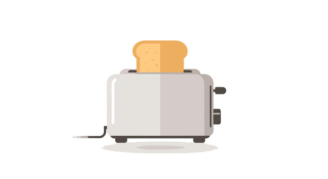 Simple flat vector illustration of a toaster with bread slice on white backdrop representing modern appliance and breakfast themes