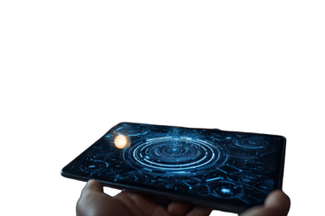 Tablet displaying complex, glowing digital interface