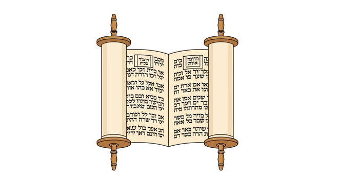 Illustrated torah scroll on a white background symbolizing faith, education, and cultural heritage presented in a clean and artistic style