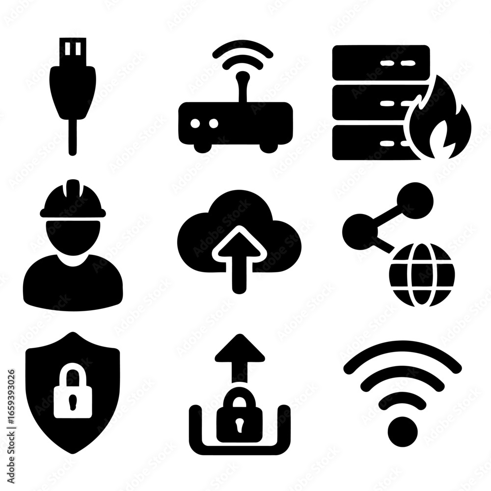 Poster digital connectivity and security icons: a collection of sleek, black icons representing digital con