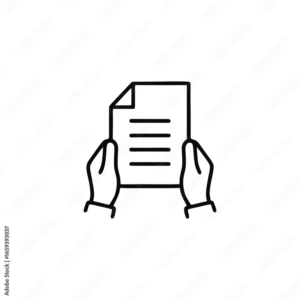 Poster hands holding document paper sheet line icon representing review approval and information processing