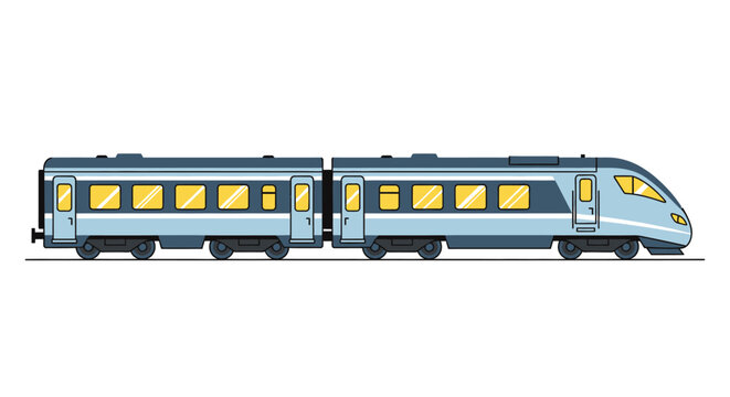 Stylized illustration of a high-speed passenger train with blue carriages and lit windows, isolated on white, evoking modern travel and urban