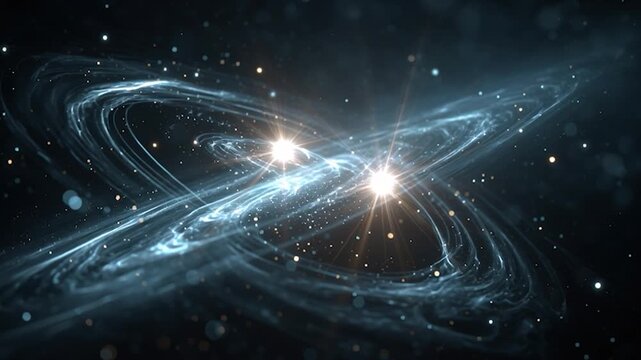 Quantum Entanglement Concept with Glowing Lines and Stars. Perfect for science-related projects, presentations on quantum computing, cosmology