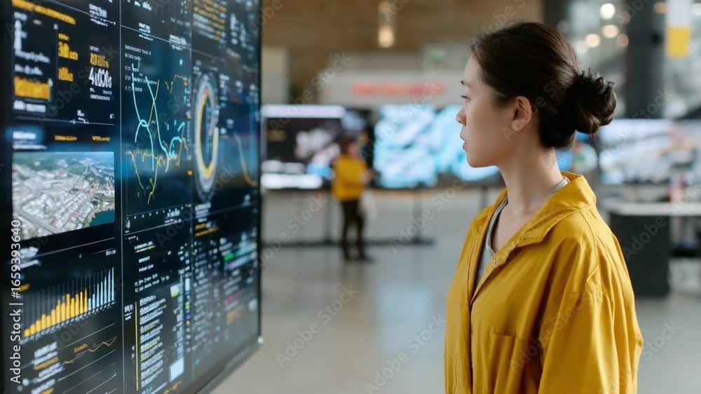 Aufkleber data analysis: a person intently examines a multi-screen display brimming with intricate data visual