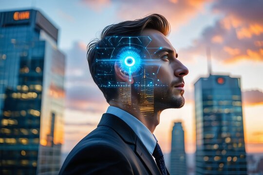 Ai augmented reality businessman in city skyline future technology and innovation concept - Powered by Adobe