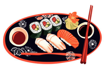 Deluxe sushi tray with soy sauce and wasabi isolated on transparent background