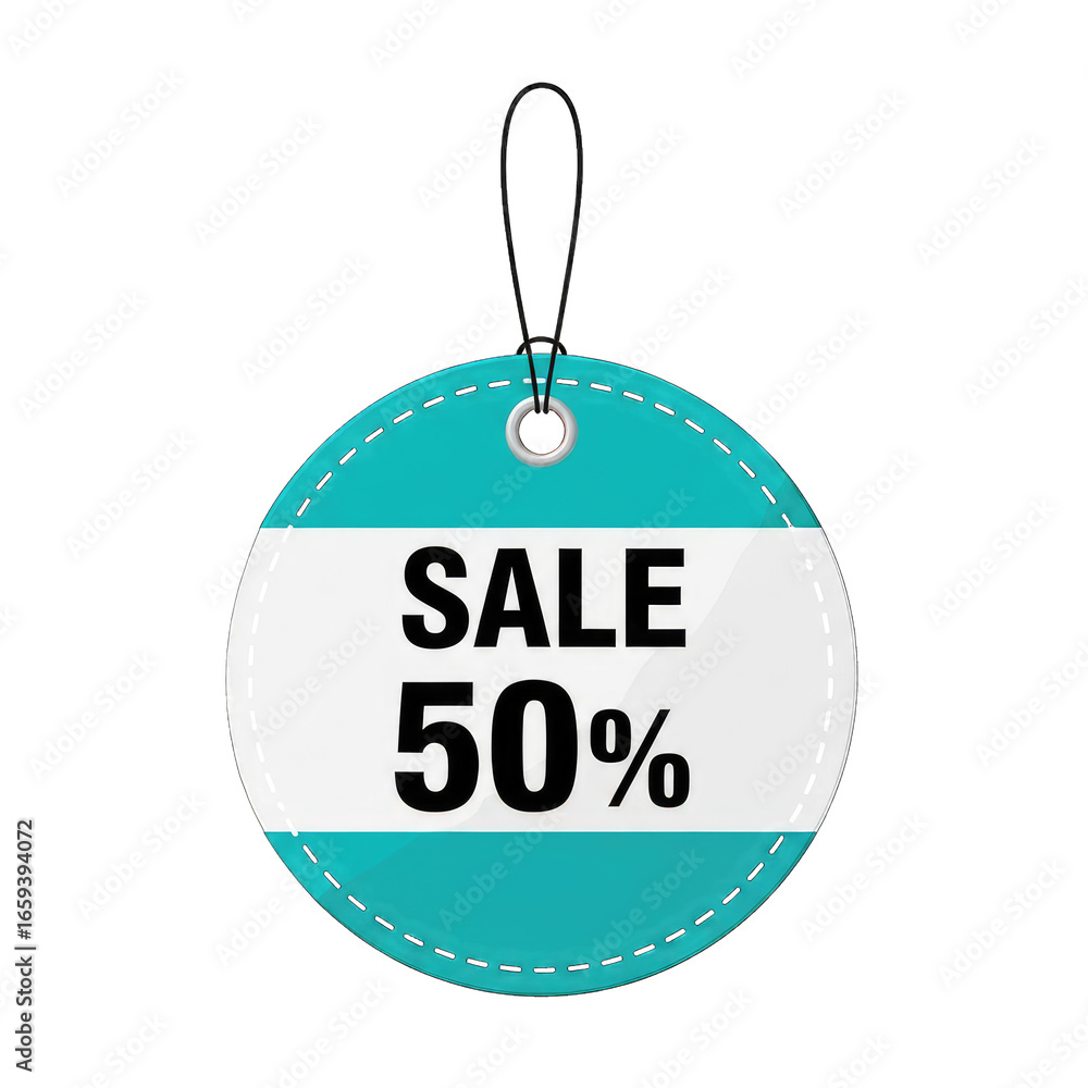 Poster discount tag with fifty percent off on round shape isolated on transparent background