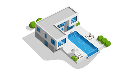Isometric modern house with pool illustration showcasing architectural design and landscaping in a contemporary style for visual appeal and elegance