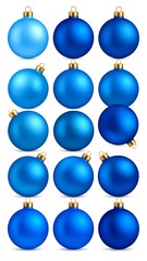 Fifteen glossy blue Christmas ornaments arranged in a grid on a white background