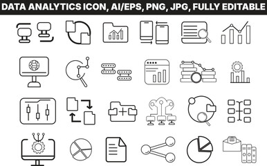 A set of black and white data analytic icons on a transparent background