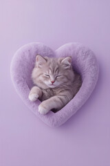 Sleeping Kitten in Lavender Heart Bed
