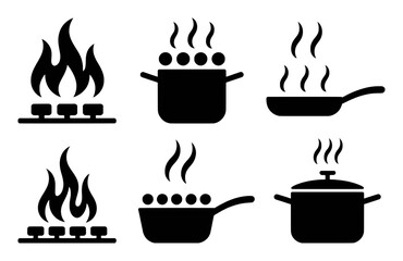 Six black icons of cooking pots and pans on gas stoves with steam Keywords: cooking, kitchen, food, stove, pot, pan, frying pan, saucepan, boiling