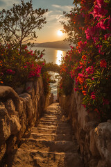 Stone Stairway with Flowers Leading to Ocean View at Sunset