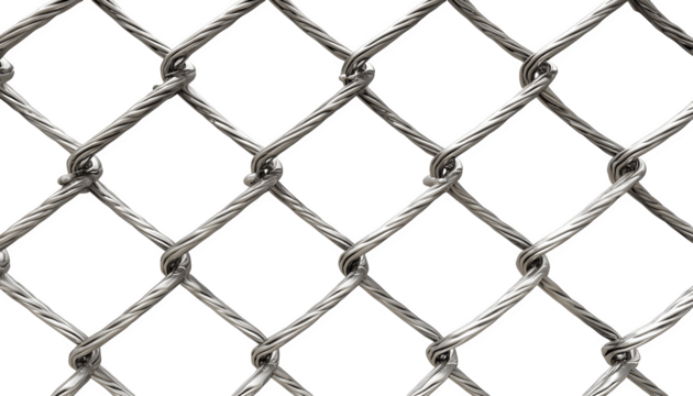 Silver metallic chainlink fence with interwoven diamond-shaped pattern