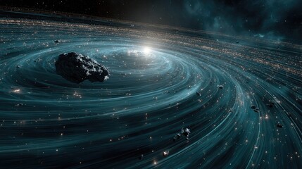 A swirling galaxy with asteroids and a bright center