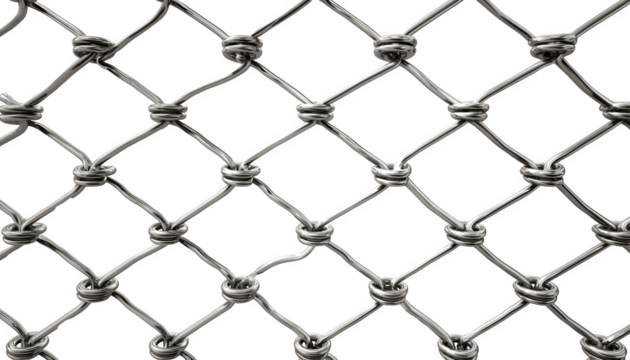 Silver metallic chainlink fence with interwoven diamond-shaped pattern