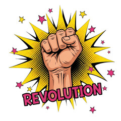 Fist Raised Revolution Pop Art Style with Transparent Background and Stars