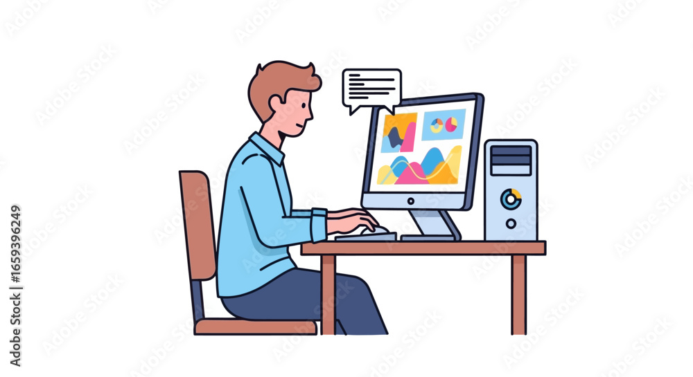 Wall mural digital artist working at computer creating visual designs and graphics in his office or home studio
