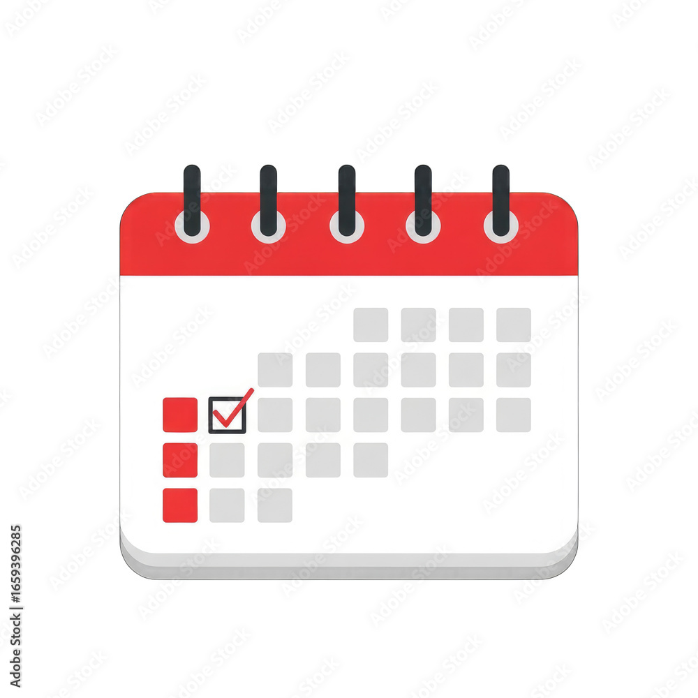 Poster flat red and white calendar with checkmark icon and transparent background design