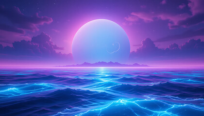Surreal Neon Ocean with Purple Blue Gradient Sky Futuristic Sci-Fi Horizon