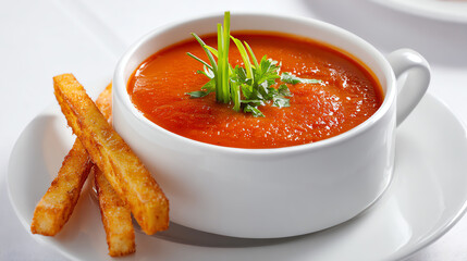 A delicious bowl of tomato soup garnished with fresh herbs, served with crispy fries on the side for an appetizing meal.