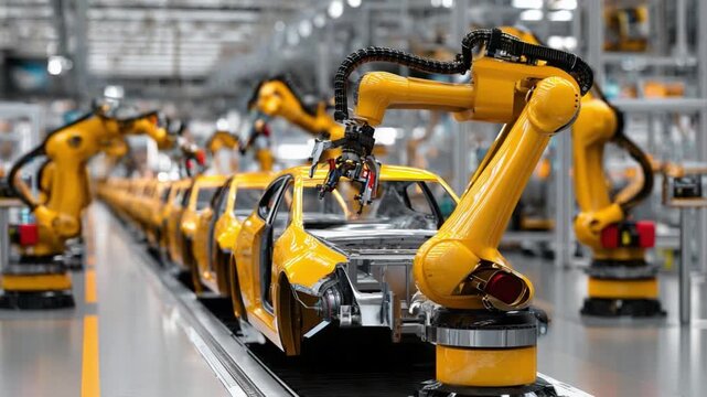 Automated Assembly Line: In a state-of-the-art automobile manufacturing plant, a row of vibrant yellow car chassis moves down an assembly line, their progress guided by intricate robotic arms.