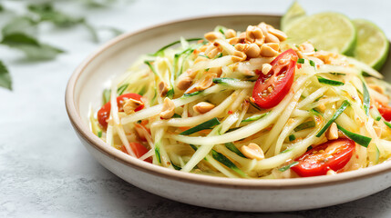 A delicious plate of fresh zucchini noodles topped with cherry tomatoes, lime, and peanuts for a healthy meal option.