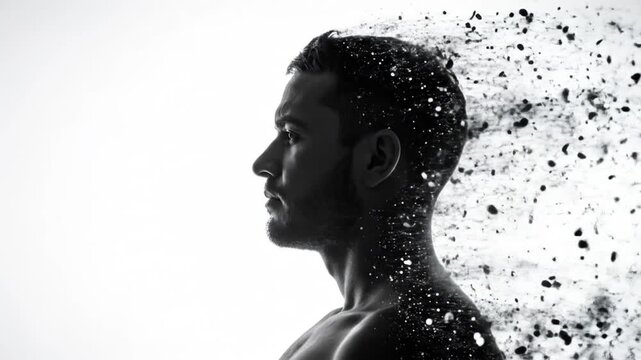 Man's silhouette fading into particles on white