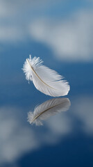 Naklejka premium White feather floating on calm water surface with perfect reflection against blue sky. Lightness and recovery concept symbolizing peace, freedom, and spiritual healing in nature.