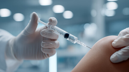 Knee joint injection with hyaluronic acid for osteoarthritis treatment. Medical procedure using syringe in sterile hospital environment. Professional orthopedic therapy for joint pain relief.