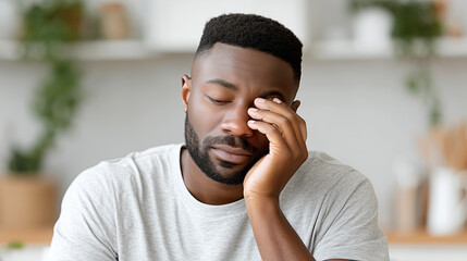 Tired African American man suffering from headache at home. Young male touching his face showing signs of fatigue, stress and migraine pain in modern living room interior.