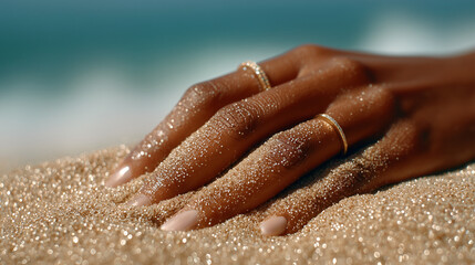 Fototapeta premium Woman hand with golden jewelry rings touching sparkling beach sand. Summer vacation concept showing luxury accessories with water droplets and ocean background blur.