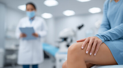 Obraz premium Doctor examining patient's knee pain in medical clinic. Healthcare professional checking for arthritis, joint swelling and mobility issues during orthopedic consultation and diagnosis.