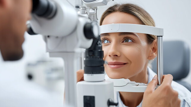 Woman having comprehensive eye examination with slit lamp microscope at ophthalmologist office. Professional vision test using advanced medical equipment for eye health diagnosis and screening.