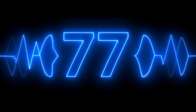 Glowing neon blue number seventy-seven flanked by wave forms on black - Powered by Adobe
