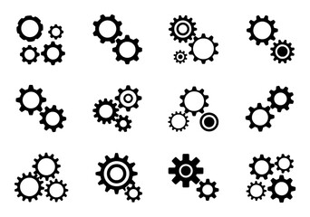 Twelve Black Silhouette Icons of Interlocking Gears in Various Arrangements on White Background