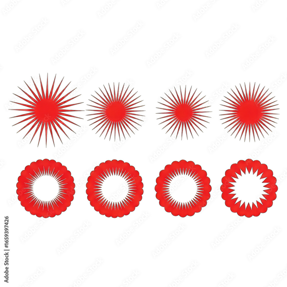 Poster geometric red starburst shapes, circular elements with transparent background design