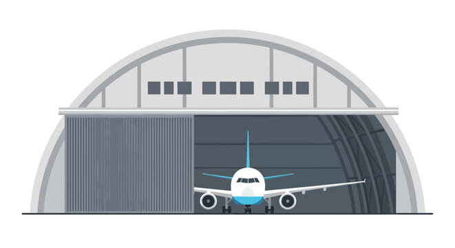 Illustrative depiction of an airplane inside a hangar showcasing aviation infrastructure with modern design elements suitable for design projects