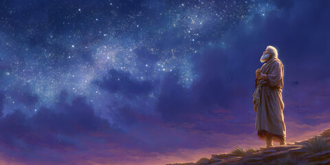 Plakat Abraham's Faith in God's Promise: Abraham stands on the steppes, looking up at the stars, believing in God's promise.
