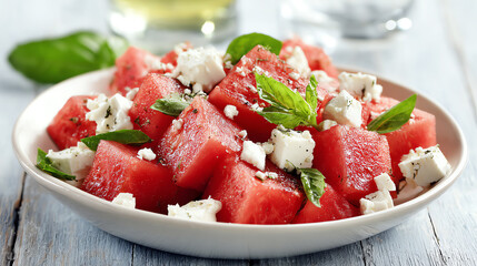 A fresh watermelon salad with feta cheese and mint, perfect for summer gatherings or healthy meals. Refreshing and vibrant dish.