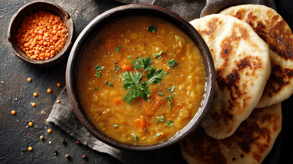 A hearty bowl of lentil soup served with warm bread and spices, perfect for comforting meals and culinary traditions.