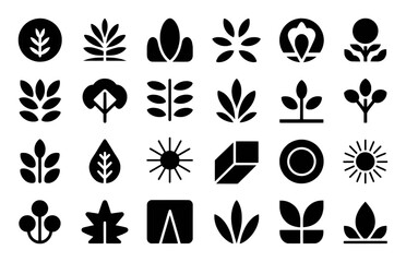 Twenty-four black silhouette icons of plants, leaves, geometric shapes, and sun symbols