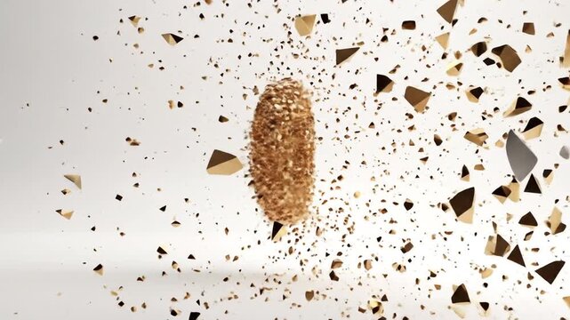 Exploding golden object into fragmented shards on a white surface creates dynamic motion