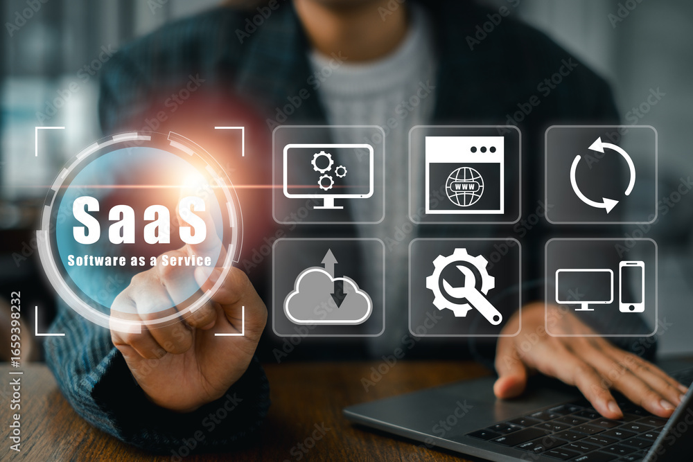Poster Visual representation of SaaS with digital icons and a professional using a laptop, symbolizing cloud-based software solutions.