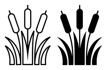 Two Styles of Cattail Plants Icon Set Outline and Solid Fill bulrush reed