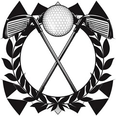 Golf club crest; crossed clubs, ball, laurel wreath