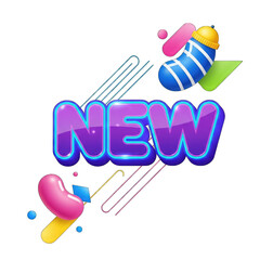 Glossy 'NEW' Text, Colorful Abstract Shapes Design on Transparent Background 3D Render