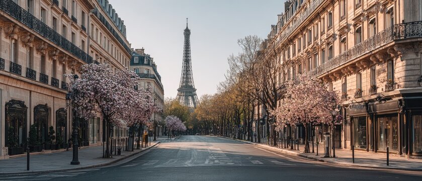 Parisian street scene with Eiffel Tower, blossoming trees, and empty streets - Powered by Adobe