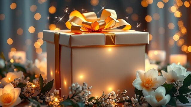 Elegant white gift box with a golden ribbon bow, surrounded by delicate flowers and warm lighting, creating a festive and luxurious atmosphere - Powered by Adobe